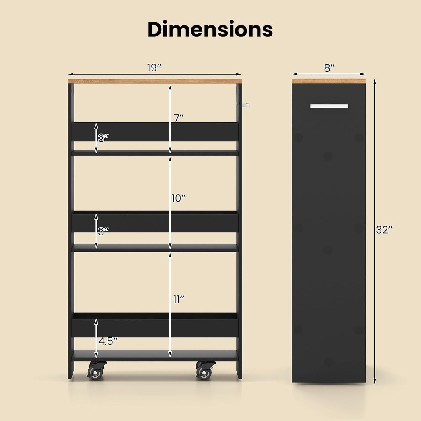 Small Kitchen Cart, 4-Tier Slim Rolling Island w/Handle, Laundry Room Storage Organizers Between Washer and Dryer, Narrow Spice Rack on Wheels Next to Fridge (Black, 8'')