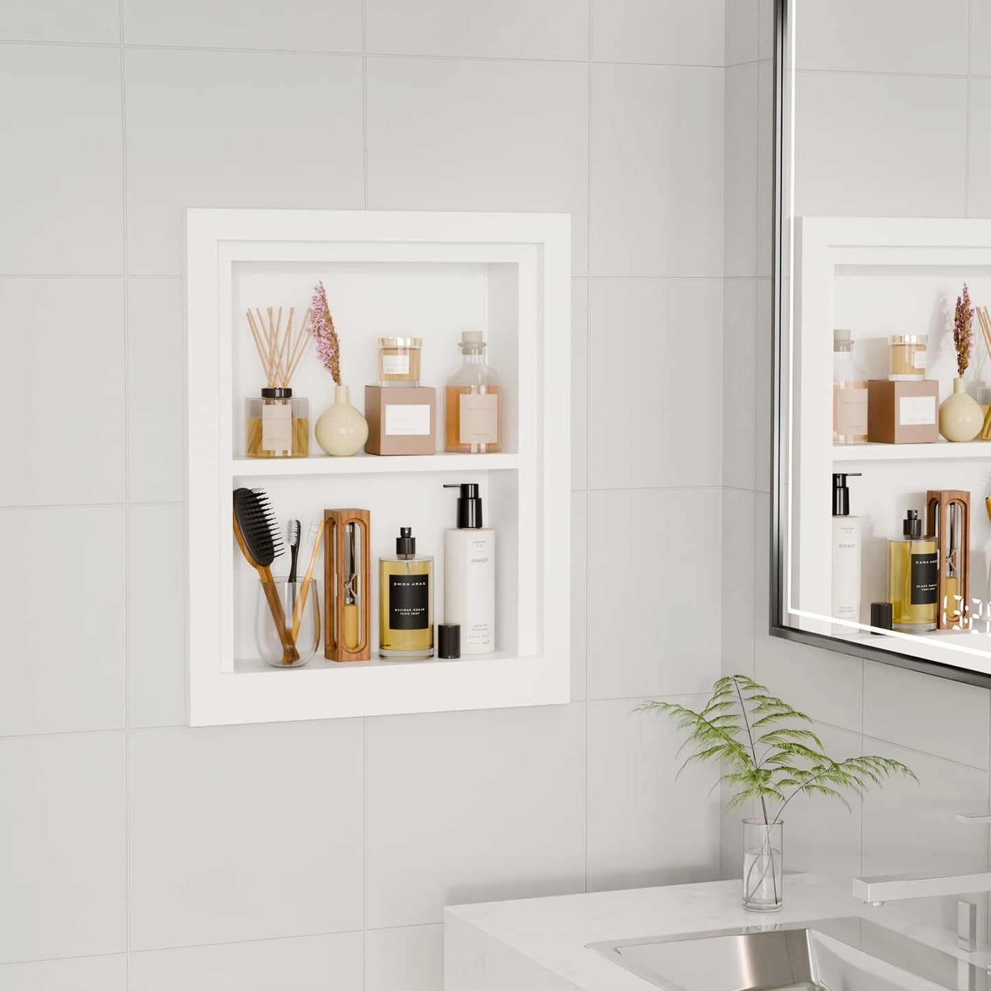 Solid Wood 14 X 18 Recessed Medicine Cabinet,2-Tier, Medicine Cabinet Organizer,Wall Niche, Bathroom Wall Cabinet, recessed bathroom Cabinet,Recessed Wall Cabinet, Bathroom Cabinet With Storage, White
