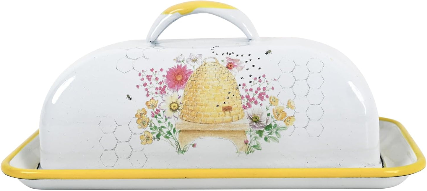 Enameled Farmhouse Vintage Butter Dish with Lid, 7.5 Inch Durable Kitchen Food Storage Container Rust-Resistant Refrigerator Safe,Vintage Decorative Design Kitchenware for Countertop