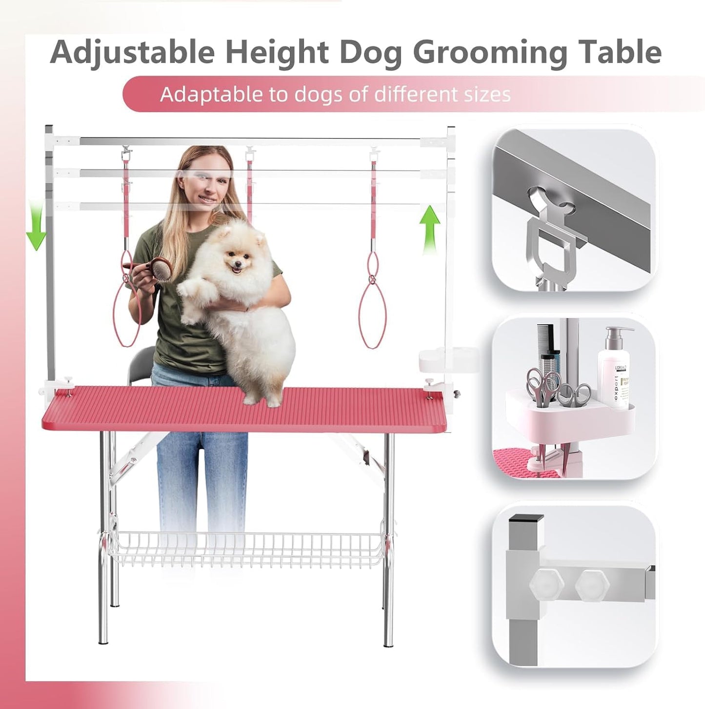 47'' Dog Grooming Table for Large Dogs, Foldable Grooming Table for Dogs at Home with Adjustable Arm & Clamp, Non-Slip Waterproof Top, Mesh Tray & Tool Holder, Stainless Steel Legs, 330LBS Capacity