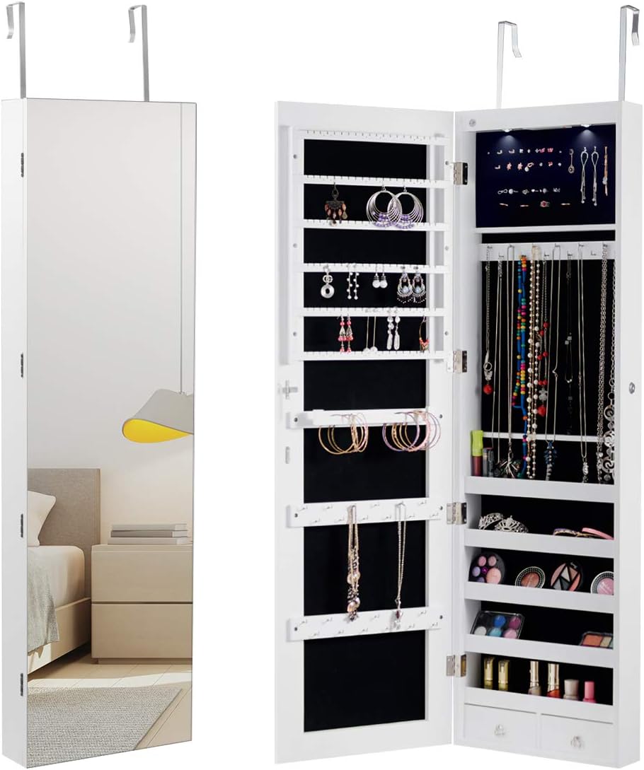 HAPPYGRILL Over the Door Jewelry Organizer, Hanging Jewelry Storage Cabinet w/Full-Length, Inner Makeup Mirror, Earring Shelves, Ring Slots, 25 Necklace Hooks, Wall Mounted Jewelry Armoire for Women