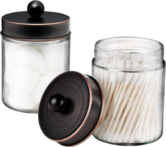 Amolliar Apothecary Jars Bathroom Storage Organizer - Cute Qtip Dispenser Vanity Canister Glass with Lid for Cotton Swabs,Rounds,Bath Salts,Makeup Sponges,Hair Accessories/Oil Rubbed Bronze（2 Pack）