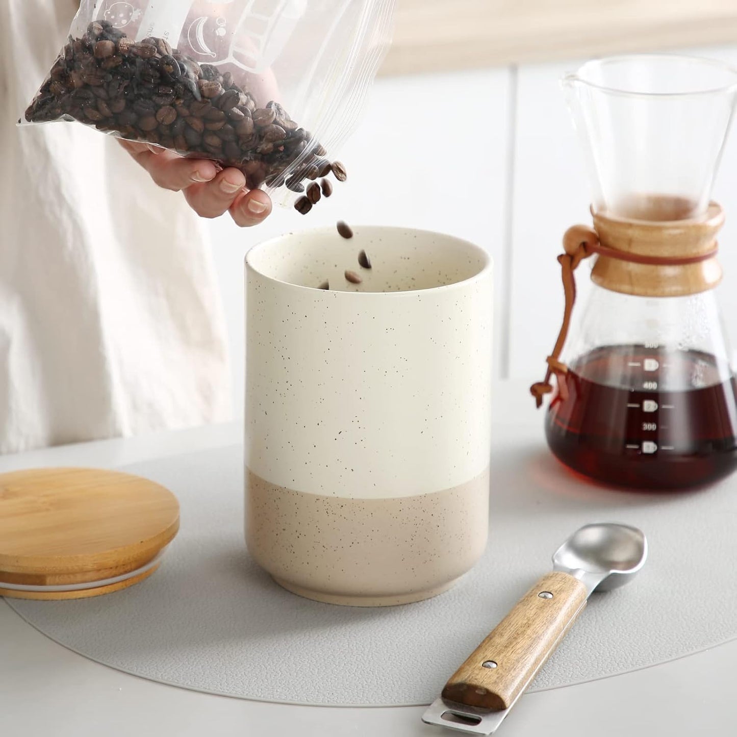 vancasso Sabine Ceramic Canister with Airtight Wood Lid - 36 oz Kitchen Storage Container for Coffee, Tea, Sugar, Nuts & Spices - Medium Countertop Jar