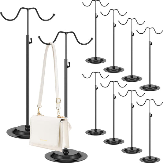 Weysat 10 Pcs Purse Holder Adjustable Handbag Display Stand Double Hook Metal Bag Hanger Jewelry Display Rack for Handbags Wig Hat Closet Boutique Tabletop Store Retail Use (Black)