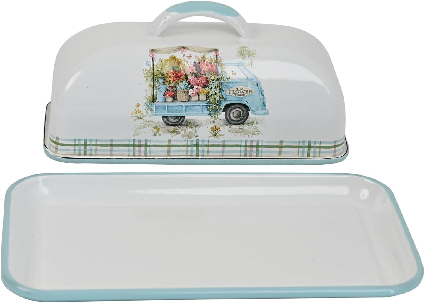 Enamel Butter Dish with Lid Vintage Enamelware Butter Keeper with Flower and Bird Patterns Farmhouse Butter Container Butter holder for Countertop Kitchen Decor (Lightblue)