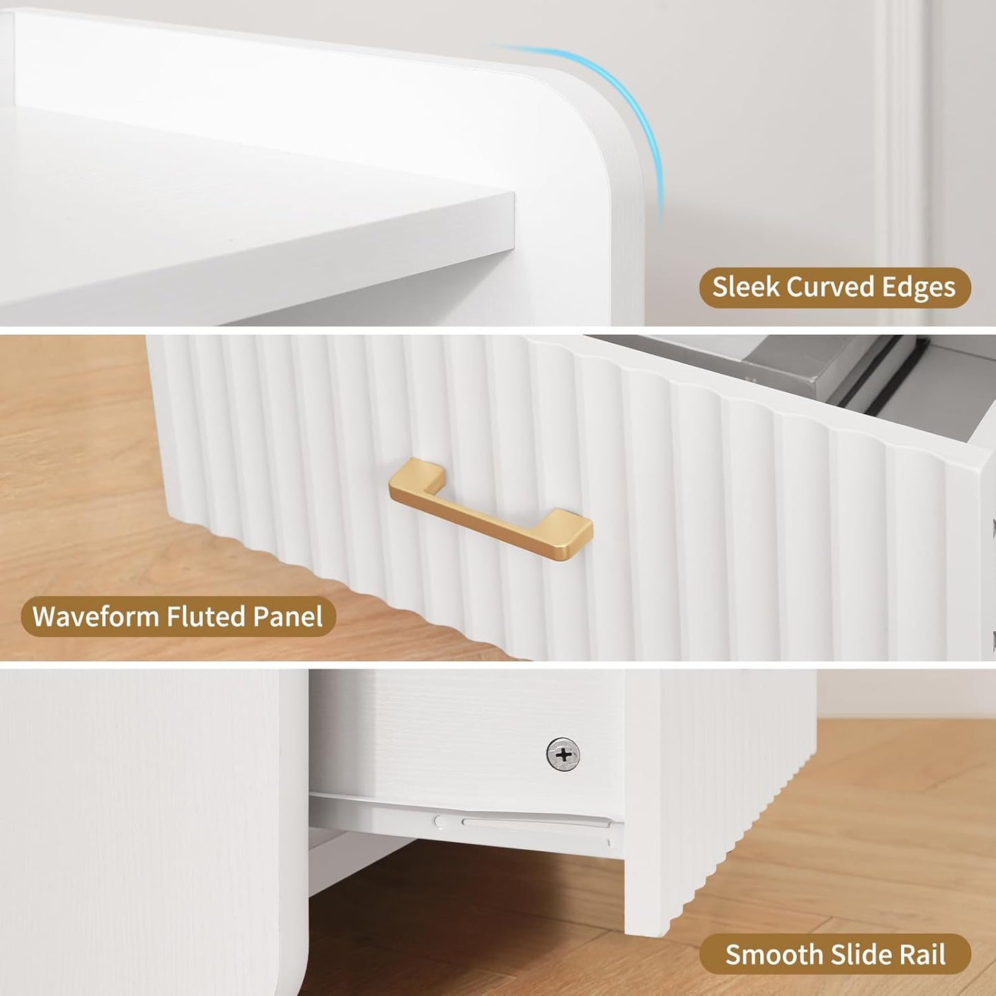 Night Stand with Charger Station, Fluted Wood Nightstand with Drawer Storage, Modern Bedside Table, Wide Nightstands for Bedroom, Mid Century Wooden Night Stands for Home Office Sofa Couch