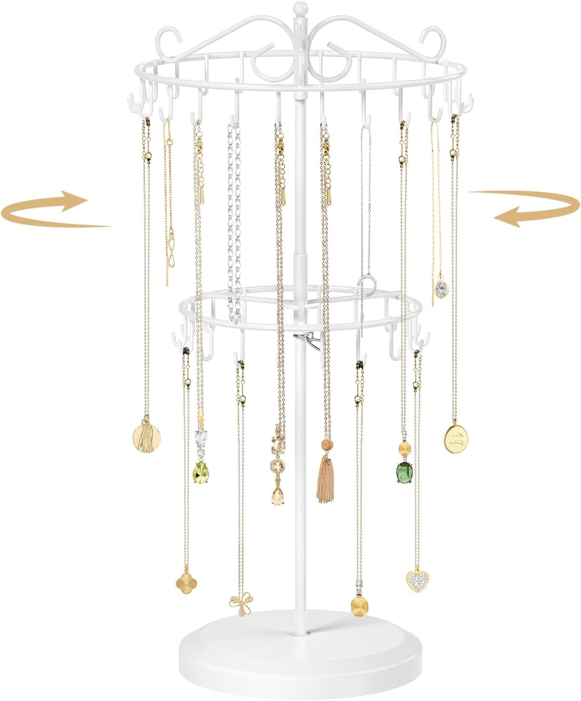 MODOWEY Rotating Necklace Holder Organizer Display Stand with 42 Hooks, 2 Tier Adjustable Metal Tree for Long Necklace Hanger Selling, Tall Spinning Bracelet Storage Rack for Men Women, White