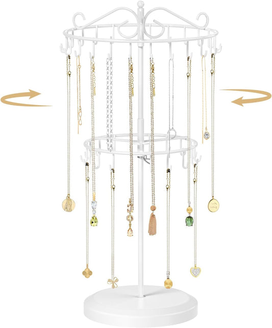 MODOWEY Rotating Necklace Holder Organizer Display Stand with 42 Hooks, 2 Tier Adjustable Metal Tree for Long Necklace Hanger Selling, Tall Spinning Bracelet Storage Rack for Men Women, White
