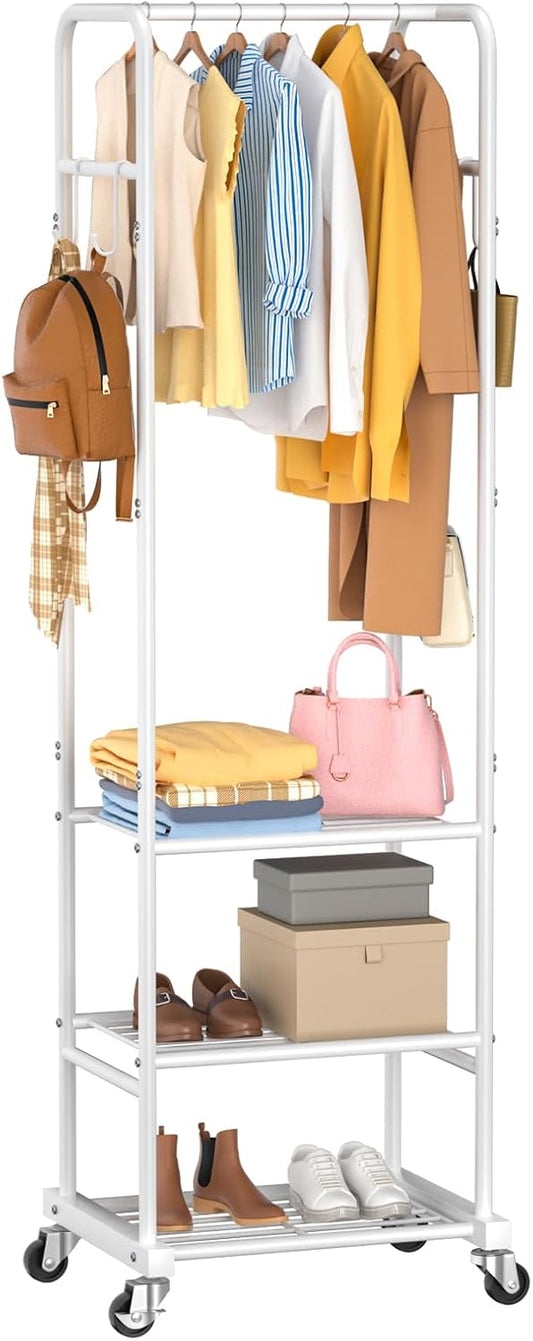 Clothes Rack with Wheels, Freestanding Garment Rack with 3 Metal Shelves for Hanging Clothes, Portable Hanging Rod for Small Room, Bedroom, Bathroom (White)