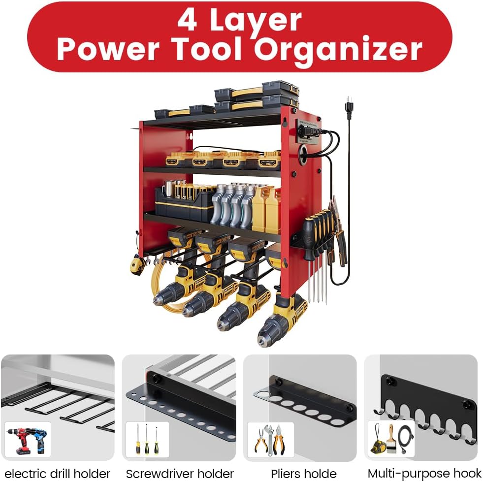 4 Layers Power Tool Organizer Wall Mount with Power Strip, Heavy Duty Metal Tool Shelf, 400lbs Capacity for Cordless Drills, Batteries & Garage Storage (4 Slots with 2 Outlets Power Strip)