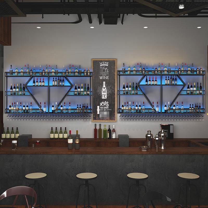 95in Large Wall Mounted Wine Rack 4 Tier Metal Wine Bottle Holder Modern Diamond Design Floating Bar Liquor Bottles Storage Rack for Home Restaurant Bar Decorative (Black, 4 Tier - 95in)