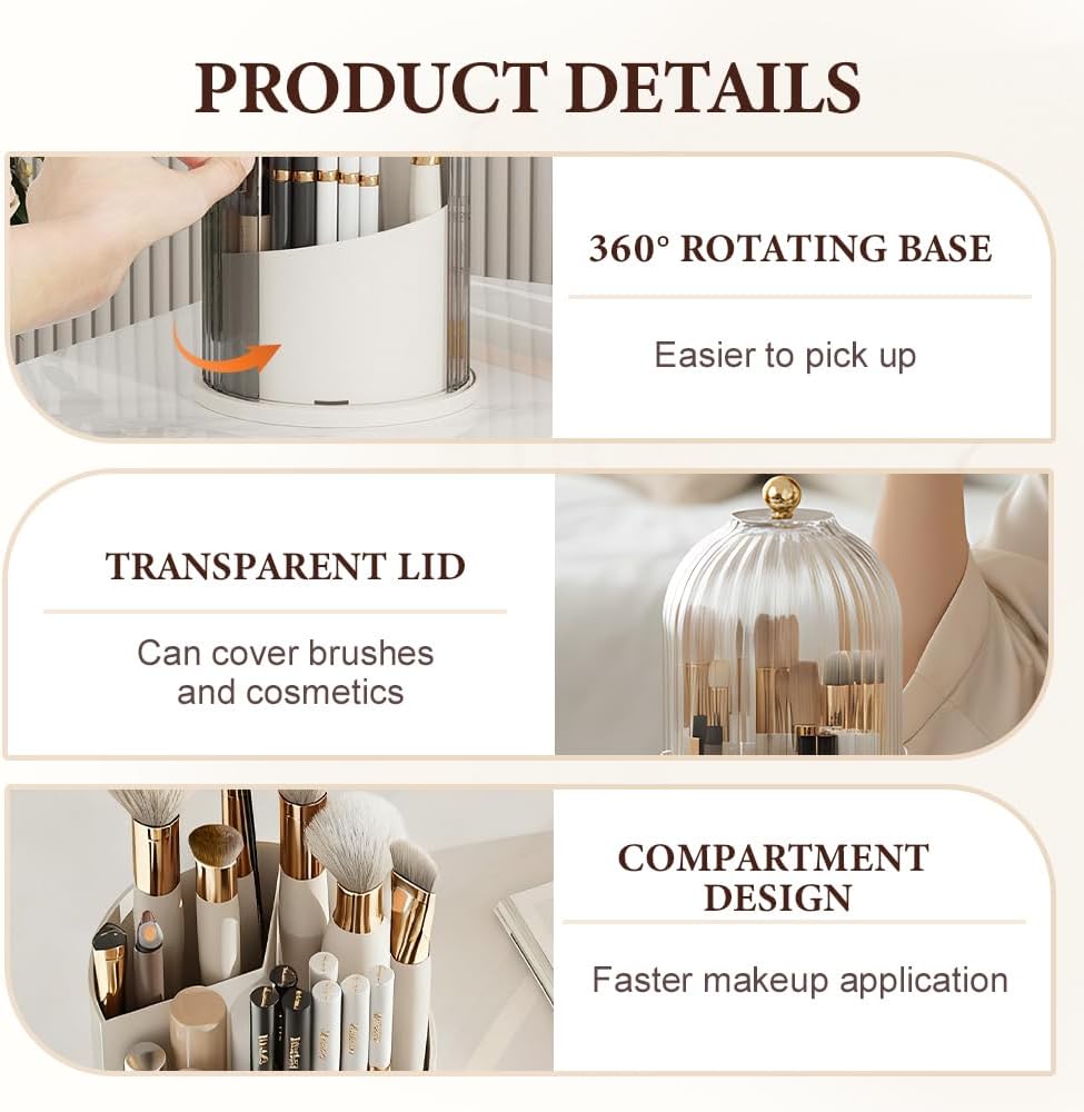 Covered 360° Rotating Makeup Brush Holder, Makeup Organizers with Lid, Clear Cover Brush Holder with Transparent Door Lid for Desktop, No Dust Toothbrush Holders for Vanity and Bath (Clear white)