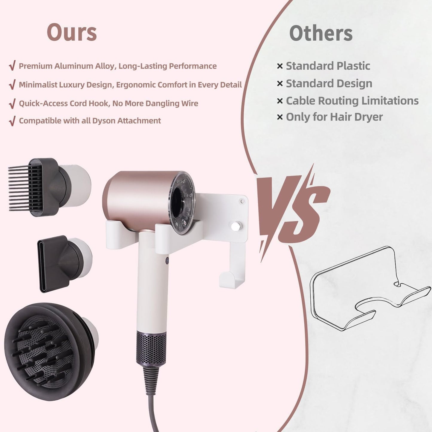 Dyson Hair Dryer Holder, Wall Mounted Aluminum Alloy Hair Dryer Wall Mount for Supersonic/Nural, Dyson Blow Dryer Holder with 3 Magnetic Rings for Salon & Bathroom White UEMUSI