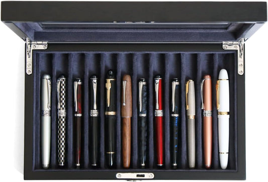 Wooden Pen Display Case – 12 Slot Lockable Fountain Pen Storage Box, Black Collectors Display with Glass Top, Gift for Men
