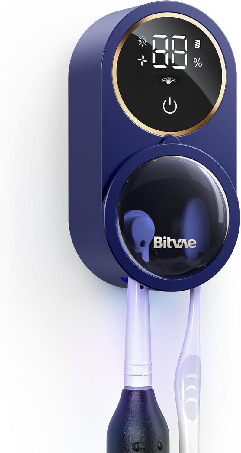Bitvae Upgraded Tooth Brush Holder for Bathroom 2.0, Infrared Sensing Toothbrush Cleaner, Wall-Mounted for Most Size Toothbrushes, Air Drying, LED Smart Screen, Navy Blue