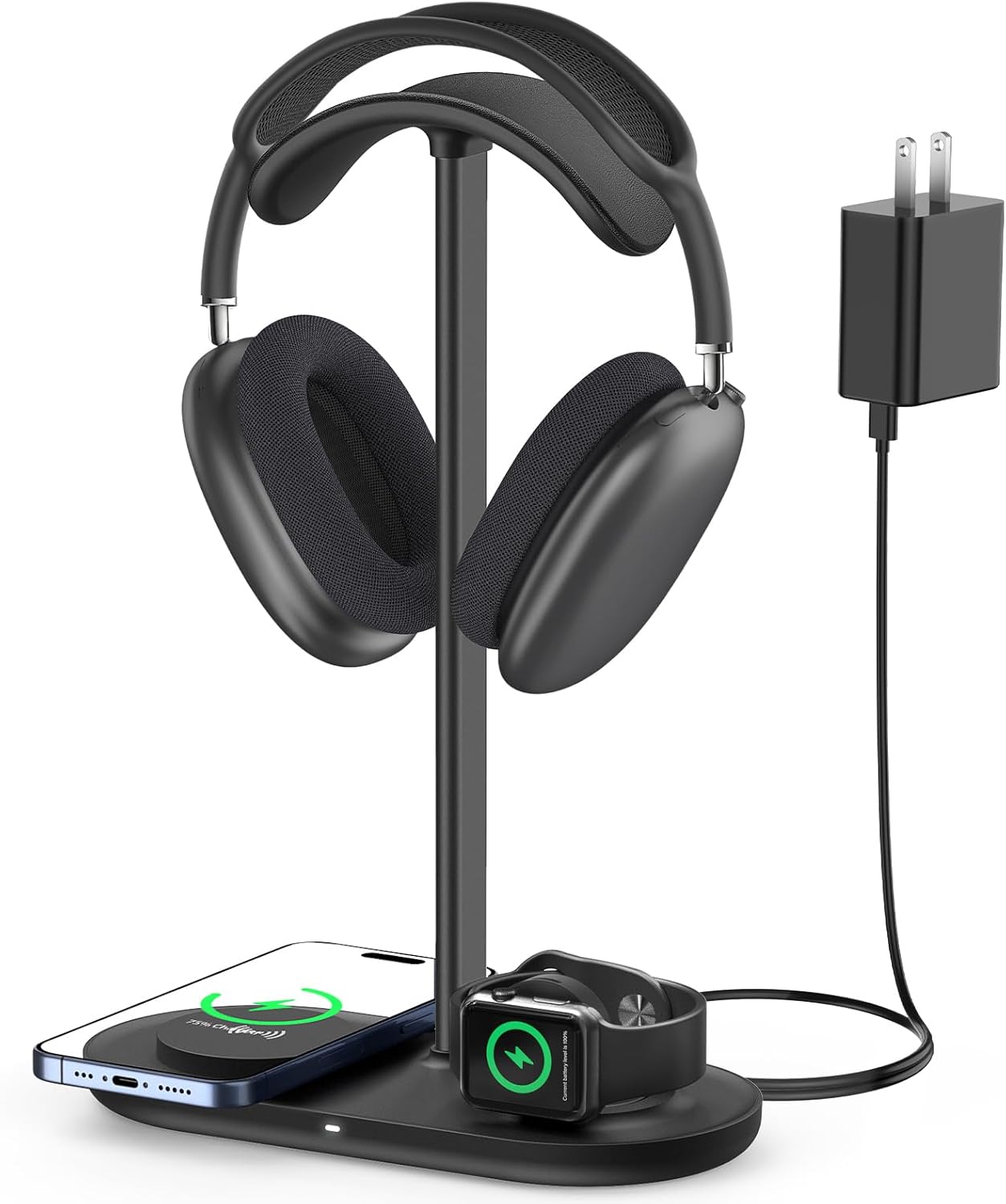 HiWe Universal Headphone Stand, Magnetic Wireless Charger for iPhones/AirPods/iWatch, Aluminum Alloy Rod, Leather Pad, ABS Solid Base, Black
