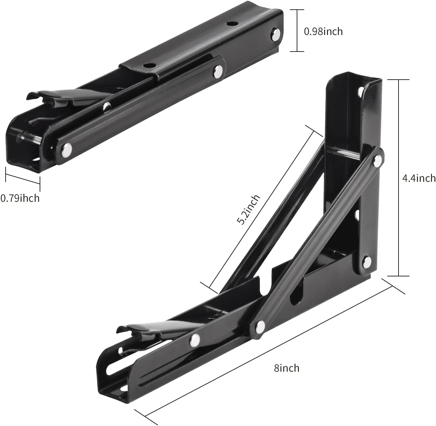 YUMORE Folding Shelf Brackets, 8 Inch Heavy Duty Collapsible Shelf Bracket, Black DIY L Bracket for Workbench Folding Table Hinge, Max Load: 300lb, 2 Pack