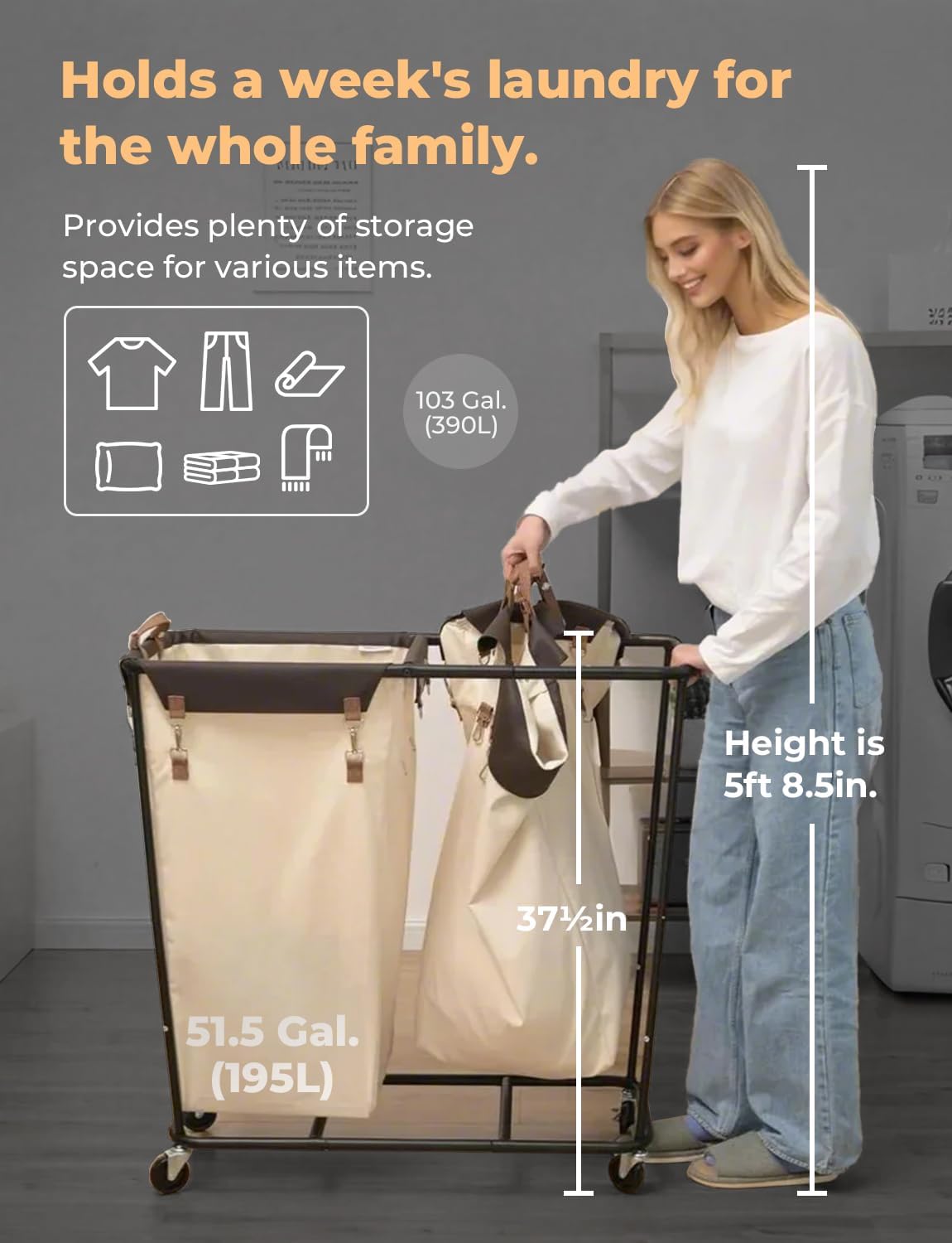 StorageWorks 390L Extra Large Lanudry Hamper with Wheels, Laundry Basket with Wheels 2 Sections, Clothes Sorter Cart with Divider for Hotel, Home, Beige, 1-Pack