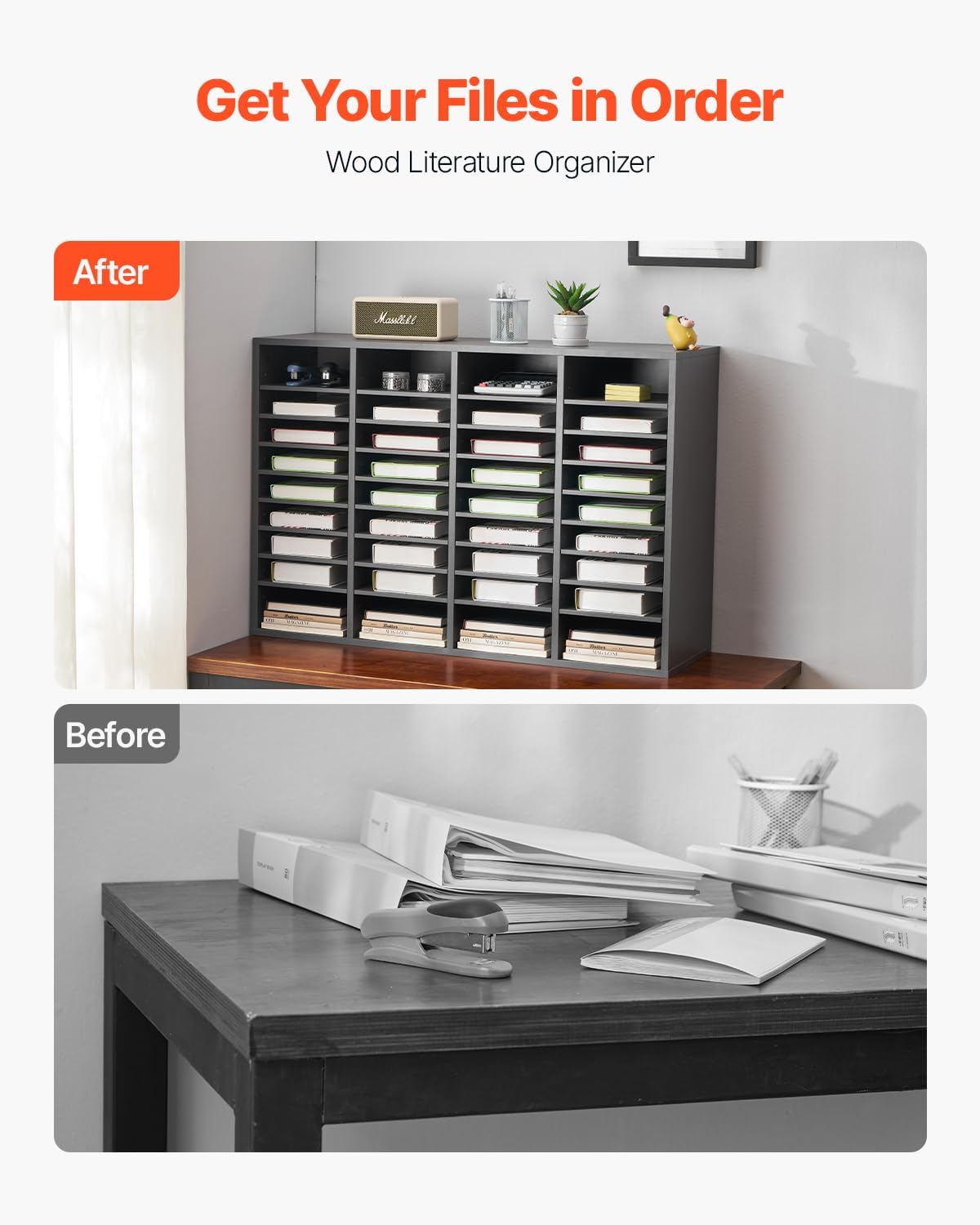 VEVOR Literature Organizer, 36 Compartments Office Mailbox with Adjustable Shelves, Wooden Mailbox Sorter Medium Density Fiberboard Office Home Classroom Storage for Files, Documents, Papers, Grey