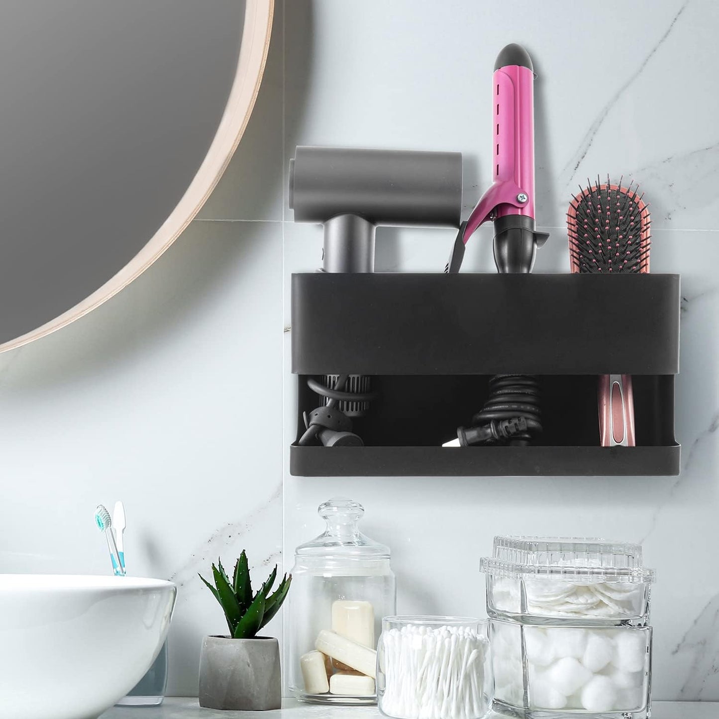 MyGift Hair Tool Organizer, 3-in-1 Metal Hair Dryer Holder, Wall Mounted Blow Dryer Holder, Black Bathroom Organizer for Curling Irons, Hair Straighteners, Hair Brush Holder and Hot Tools