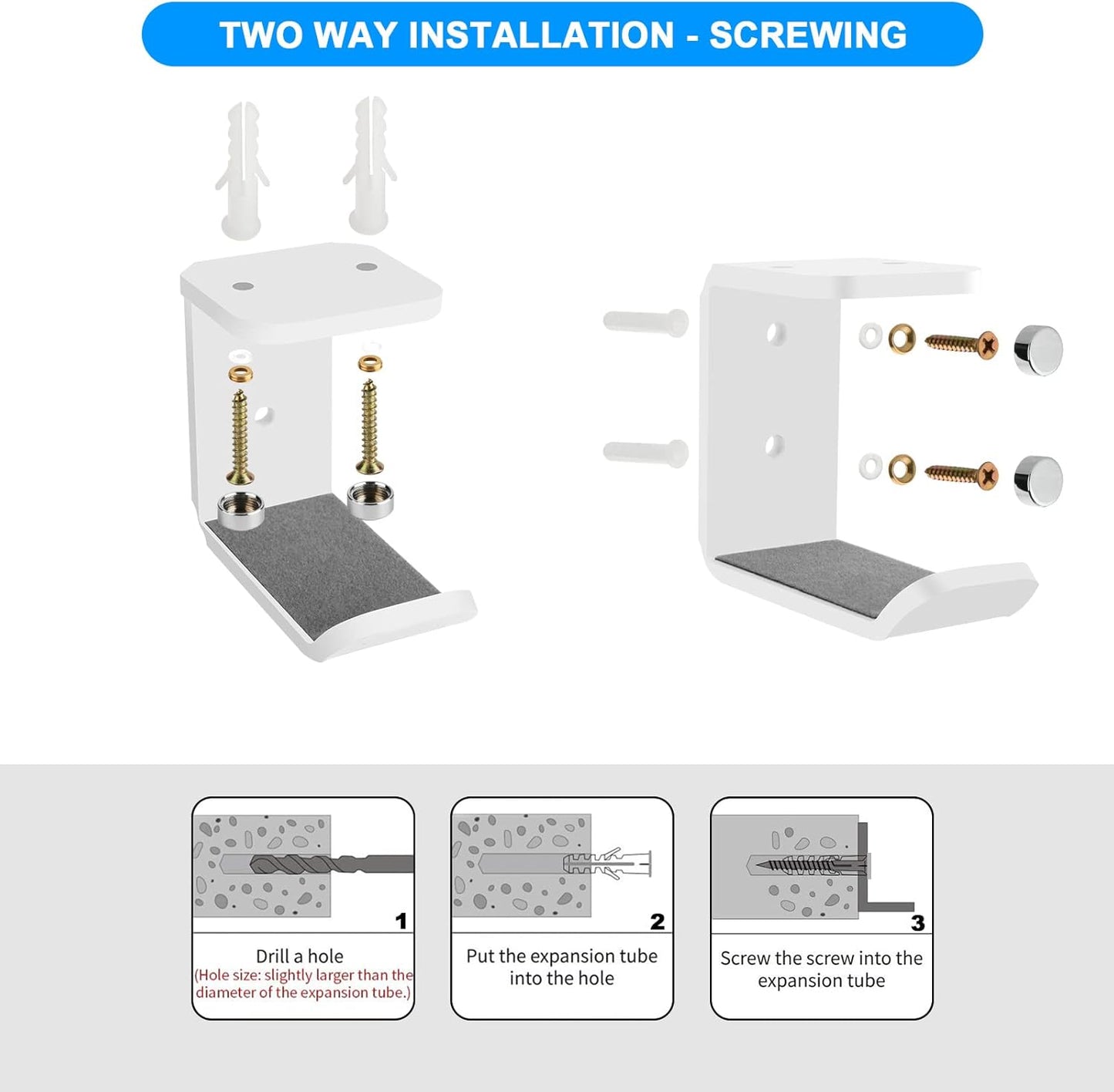 Cosmos 2 Pcs Headphone Hanger Mount Under-Desk Headset Hanger Hook Earphone Holder Wall Mount Hooks with Adhesive Tape & Screw Set Compatible with PC Gaming DJ Headset, Acrylic (Solid White)