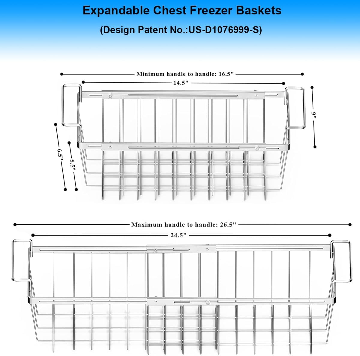 Orgneas Freezer Baskets for Chest Freezer, Capacity Expandable Deep Freezer Organizer Bins Adjustable From 16.5" to 26.5" Stainless Steel Wire Basket Storage with Hanging Handles