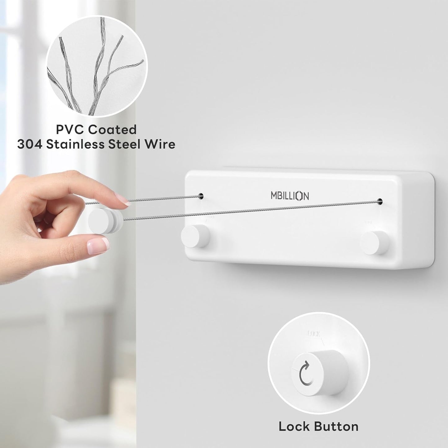 Mbillion Retractable Clothesline 13.8 Ft Stainless Steel Double Clothes line retracting Indoor Heavy Duty Retractable Laundry Line Wall Mounted (Double Line-White)