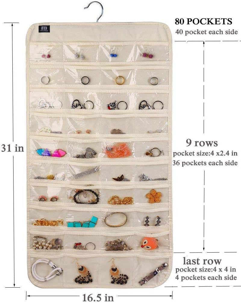 BB Brotrade Hanging Jewelry Organizer,Accessories Organizer,80 Pocket Organizer for Holding Jewelries（Beige）