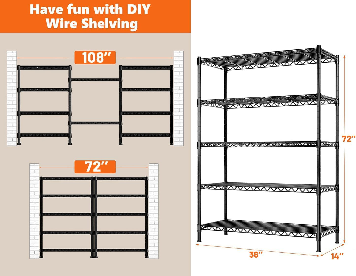 REIBII 5 Shelf Metal Shelving 72''H Storage Shelves Steel Wire Shelving for Storage Adjustable Garage Shelving Heavy Duty Shelves Storage Rack Pantry Shelves Kitchen Office Shelf,72''H X36''W X14''D