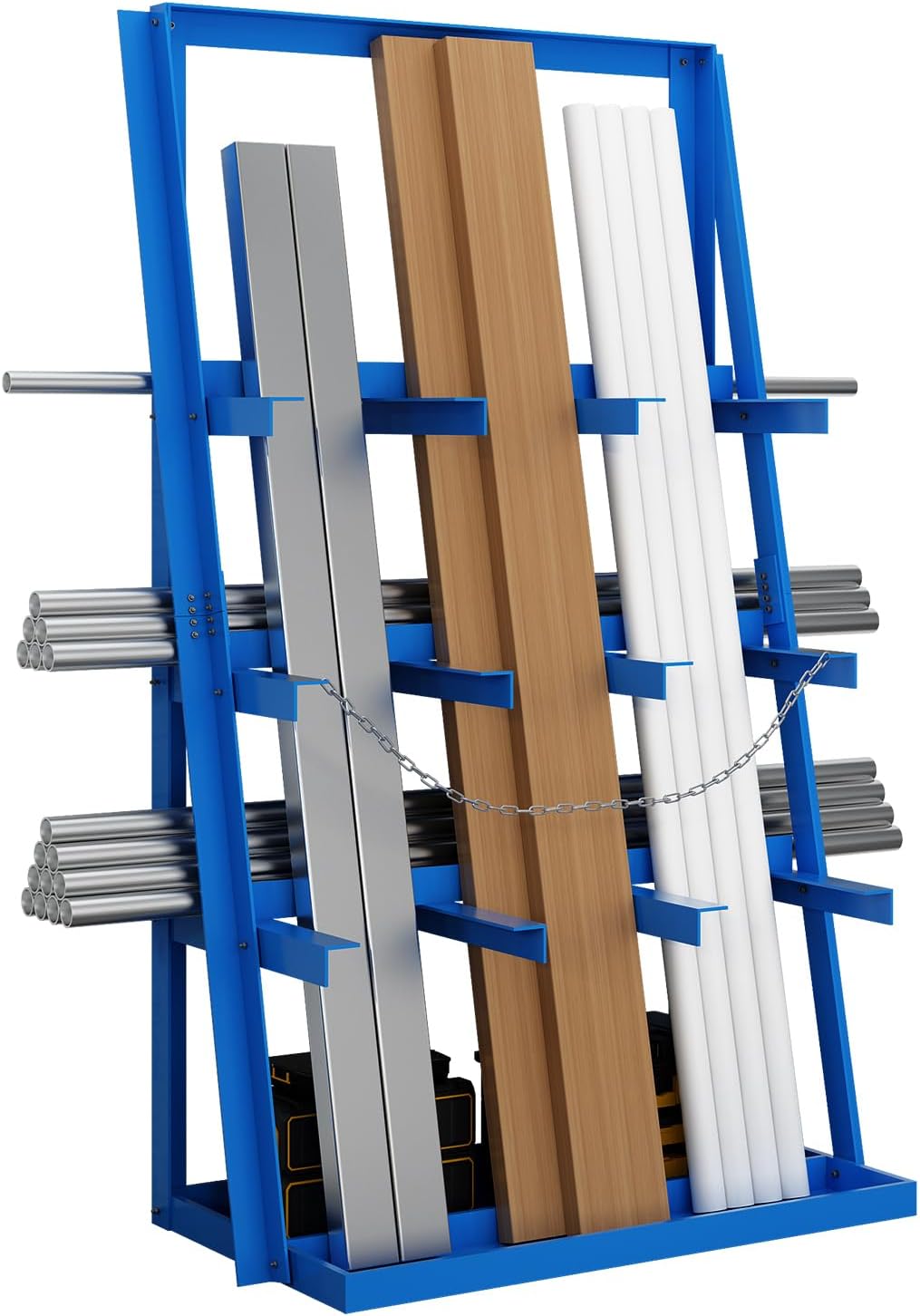 Vertical Bar Rack, 3000 LB Capacity Heavy-Duty Steel Lumber Storage, 39" W x 24" D x 84" H Pipe Organizer Rack with Safety Chain, Wall-Mounted for Garage Workshop