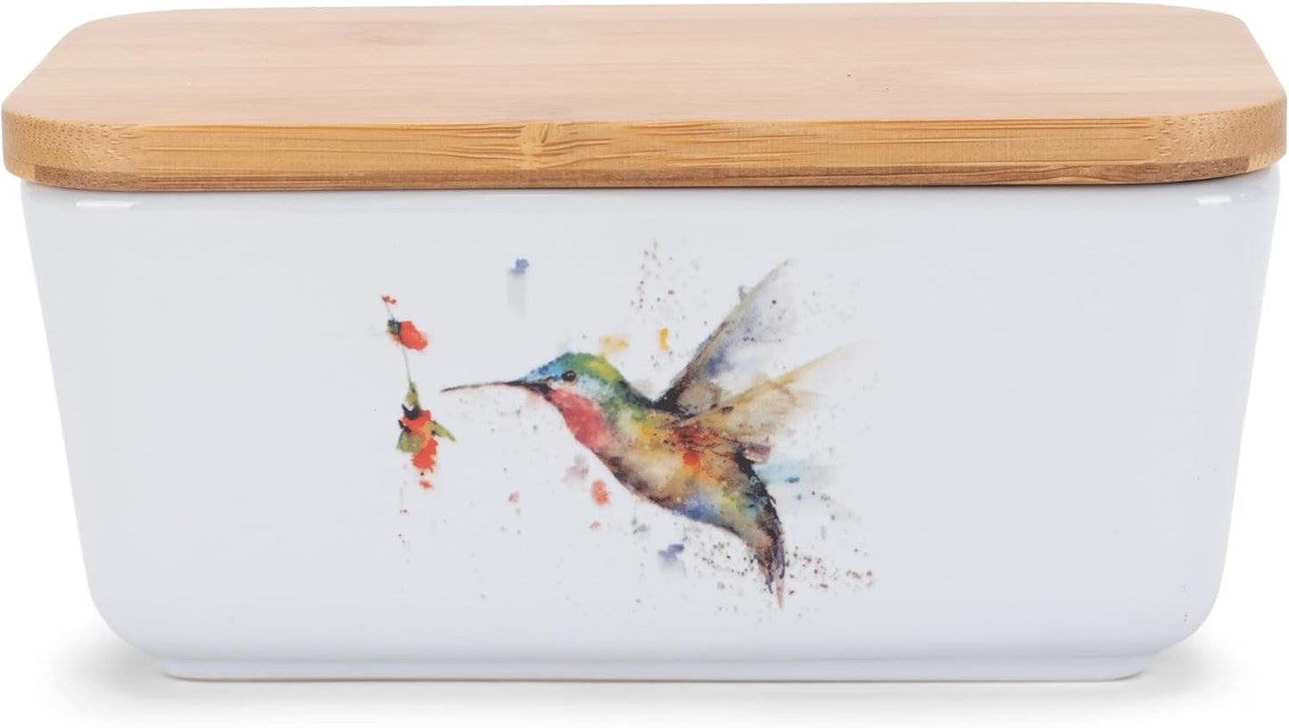 Nat & Jules Dean Crouser Ceramic Stoneware 1/2 Pound 2 Sticks Butter Dish Airtight Bamboo Lid Kitchen Accessory, Container Holder, Refrigerator Storage, Countertop Organization, Watercolor Hummingbird
