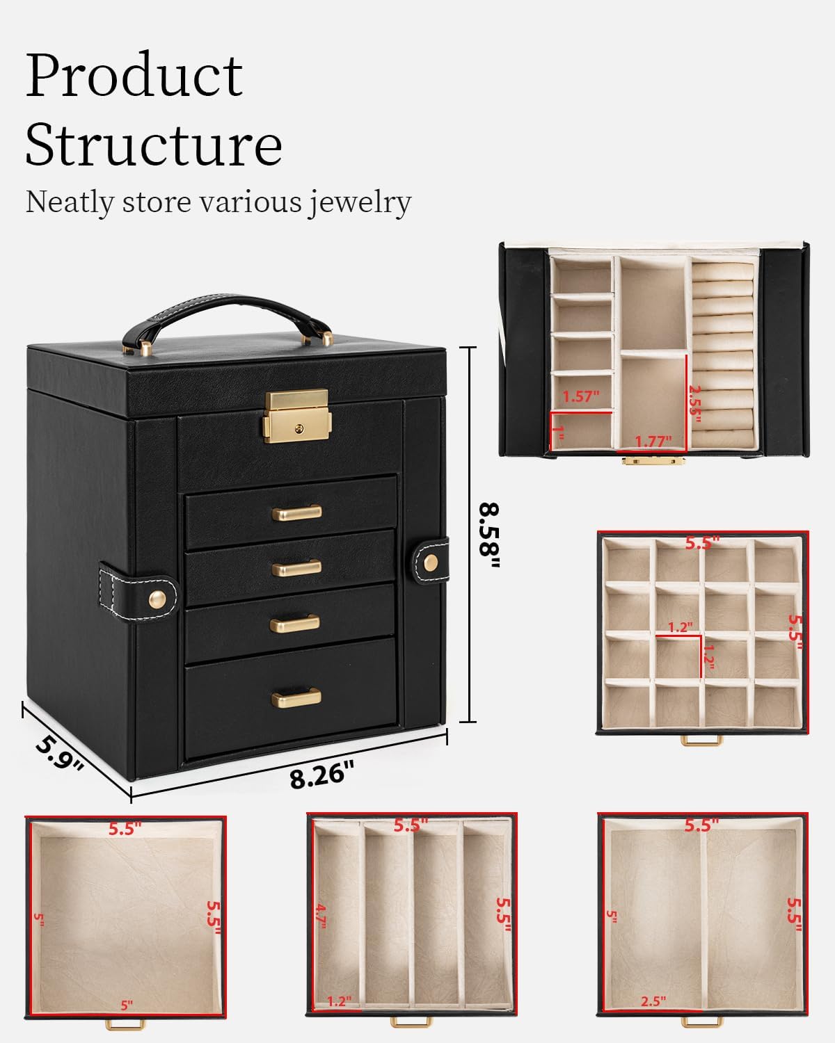 TORIBIO Jewelry Box for Women, Leather Jewelry Organizer with Mirror & Lock, 5-Tier Jewelry Storage Organizer with 4 Drawers for Girls/Women/Mothers, Necklace Earring Bracelets Holder Organizer