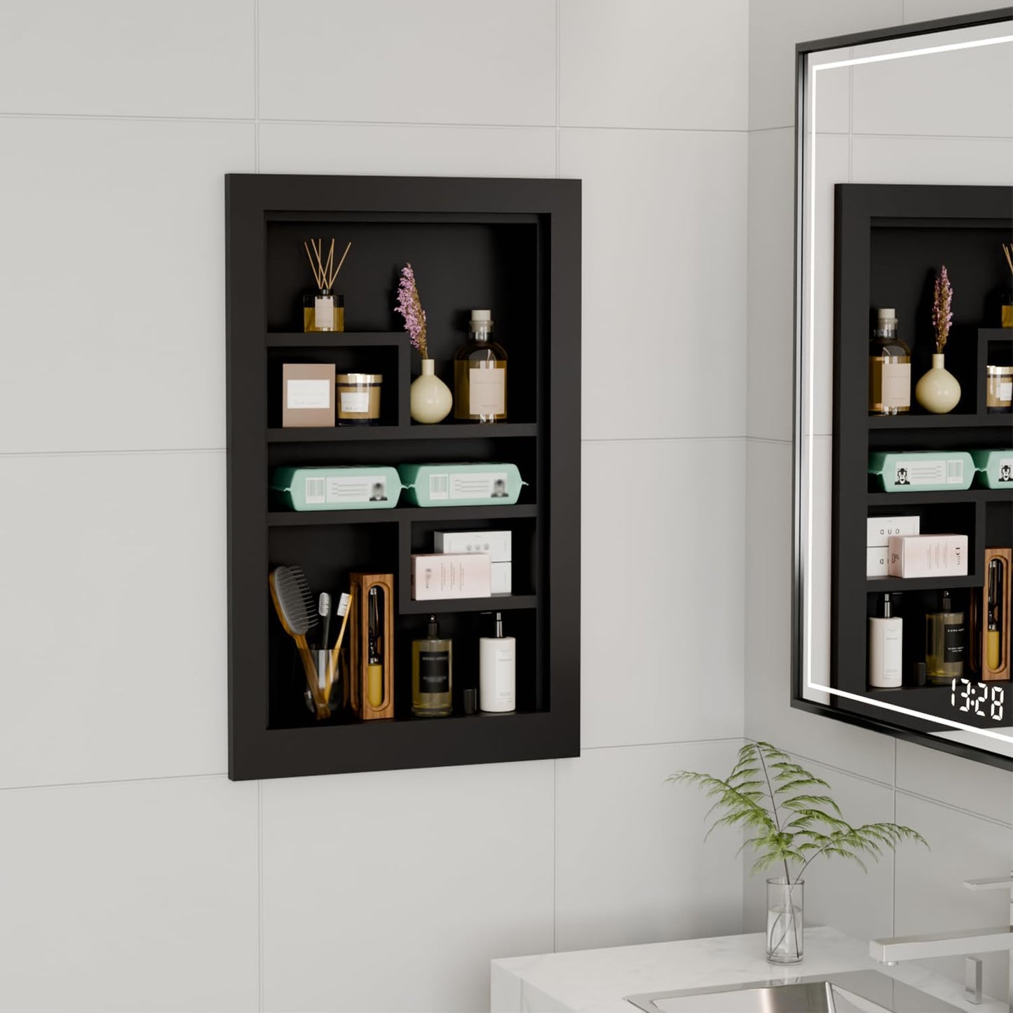 Solid Wood 14 X 24 Recessed Medicine Cabinet,3-Tier, Medicine Cabinet Organizer,Wall Niche, Bathroom Wall Cabinet, Recessed Bathroom Cabinet, Bathroom Cabinet with Storage Black
