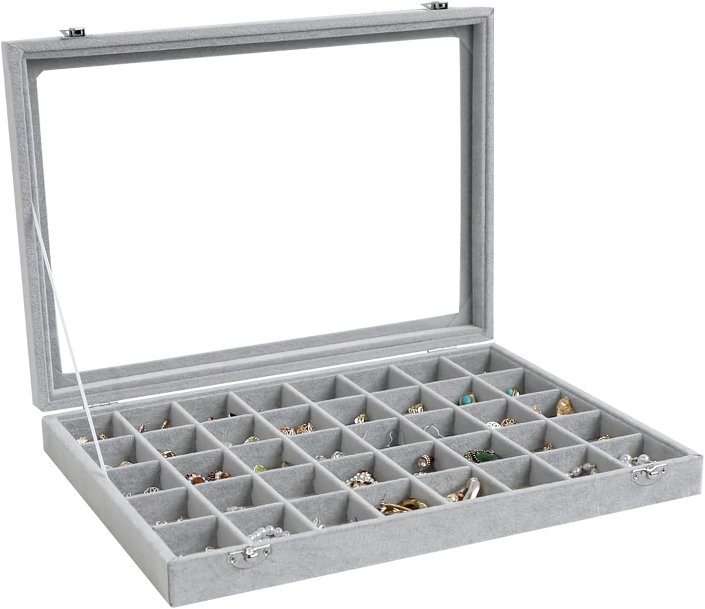 Wudygirl Jewelry Organizer Velvet Jewelry Box 40 Grid Earring Holder Organizer with Lid Ring Holder Ring Display Case Adjustable (Gray)