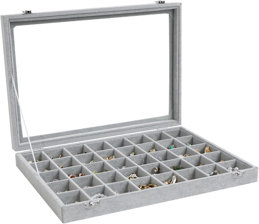 Wudygirl Jewelry Organizer Velvet Jewelry Box 40 Grid Earring Holder Organizer with Lid Ring Holder Ring Display Case Adjustable (Gray)