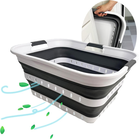 SAMMART Collapsible Plastic Rectangular Laundry Basket - Foldable Pop Up Storage Container/Organizer - Portable Laundry Hamper - Space Saving (White/Steel Grey, 42L)