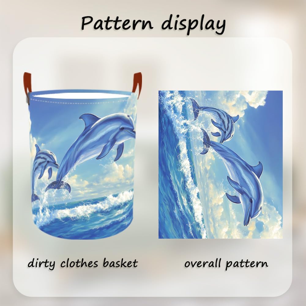 Laundry Baskets 15.7x19.7 Inch Large Dolphin Ocean Design Collapsible Laundry Hamper with Handles Oxford Fabric Clothes Storage Bin Foldable Dirty Clothes Organizer for Bathroom Bedroom Dorm