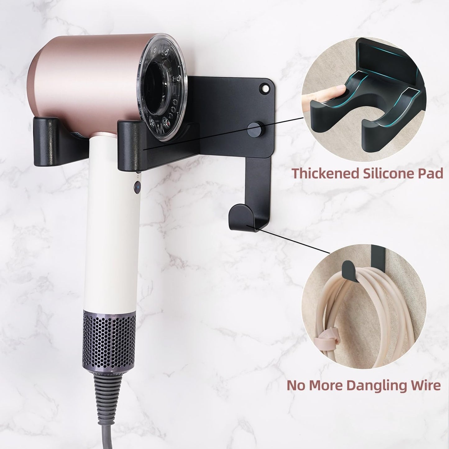 Dyson Hair Dryer Holder, Wall Mounted Aluminum Alloy Hair Dryer Wall Mount for Supersonic/Nural, Dyson Blow Dryer Holder with 3 Magnetic Rings for Salon & Bathroom Black UEMUSI