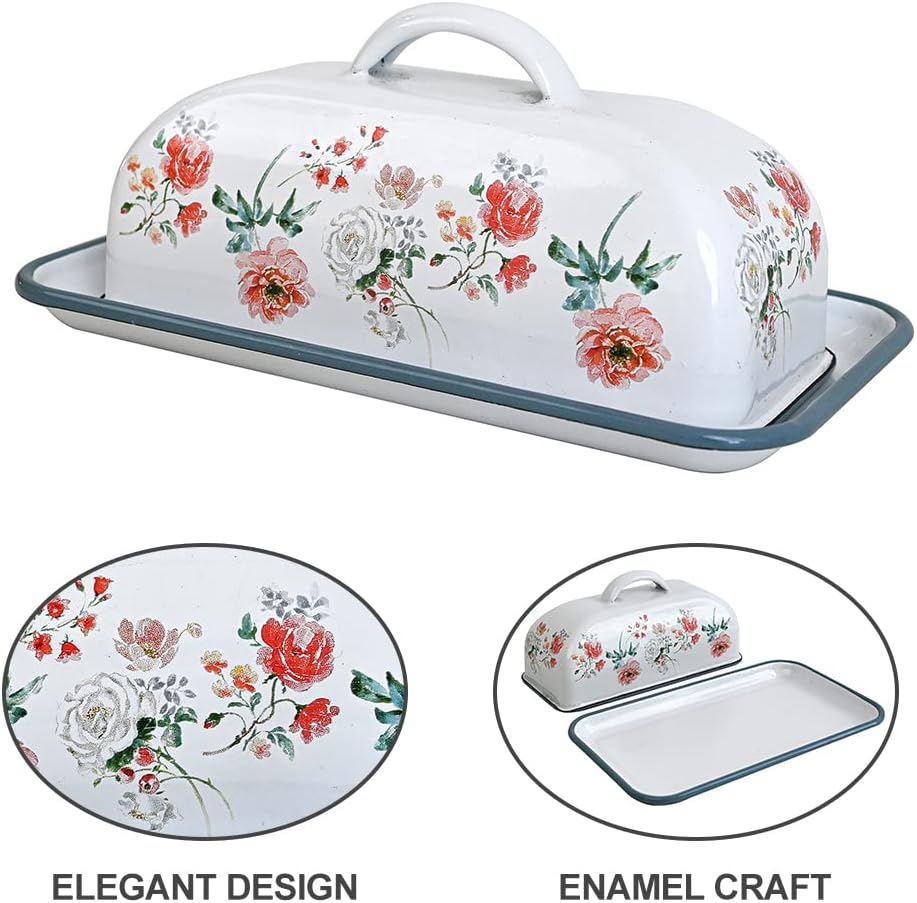 Enameled Farmhouse Vintage Butter Dish with Lid, 7.5 Inch Durable Kitchen Food Storage Container Rust-Resistant Refrigerator Safe,Vintage Decorative Design Kitchenware for Countertop