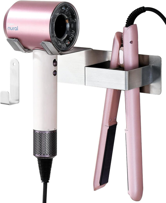 Hair Dryer and Straightener Holder, Upgraded Hair Straightener Holder with Cable Hook, Stainless Steel Universal Hairdryer Holder Wall Mounted Waterproof for Bathroom Space-Saving Silver PTALSEAW