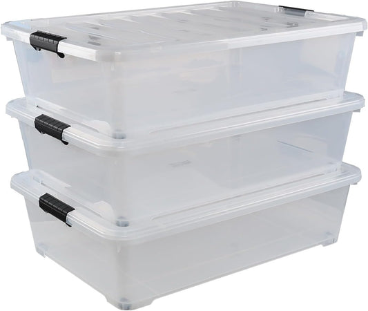 50 Quart Large Plastic Under Bed Storage Box, Clear Underbed Storage Containers with Wheels, 3 Packs