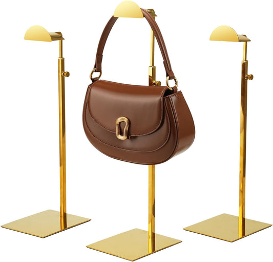 Purse Display Stands - 3PCS Stainless Steels Purse Stand Holder Adjustable Height Purse Display for Retail Luxury Bag Organizer Home Store Boutique Retail Closet Gold Color