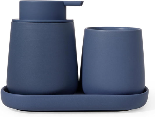 INGOFIN 3 Pcs Ceramic Bathroom Accessory Set - Liquid Soap Dispenser, Toothbrush Holder & Tray, Bathroom Counter Set, Countertop Essentials for Home, Guest Bathroom, or Office Use, Matte Blue