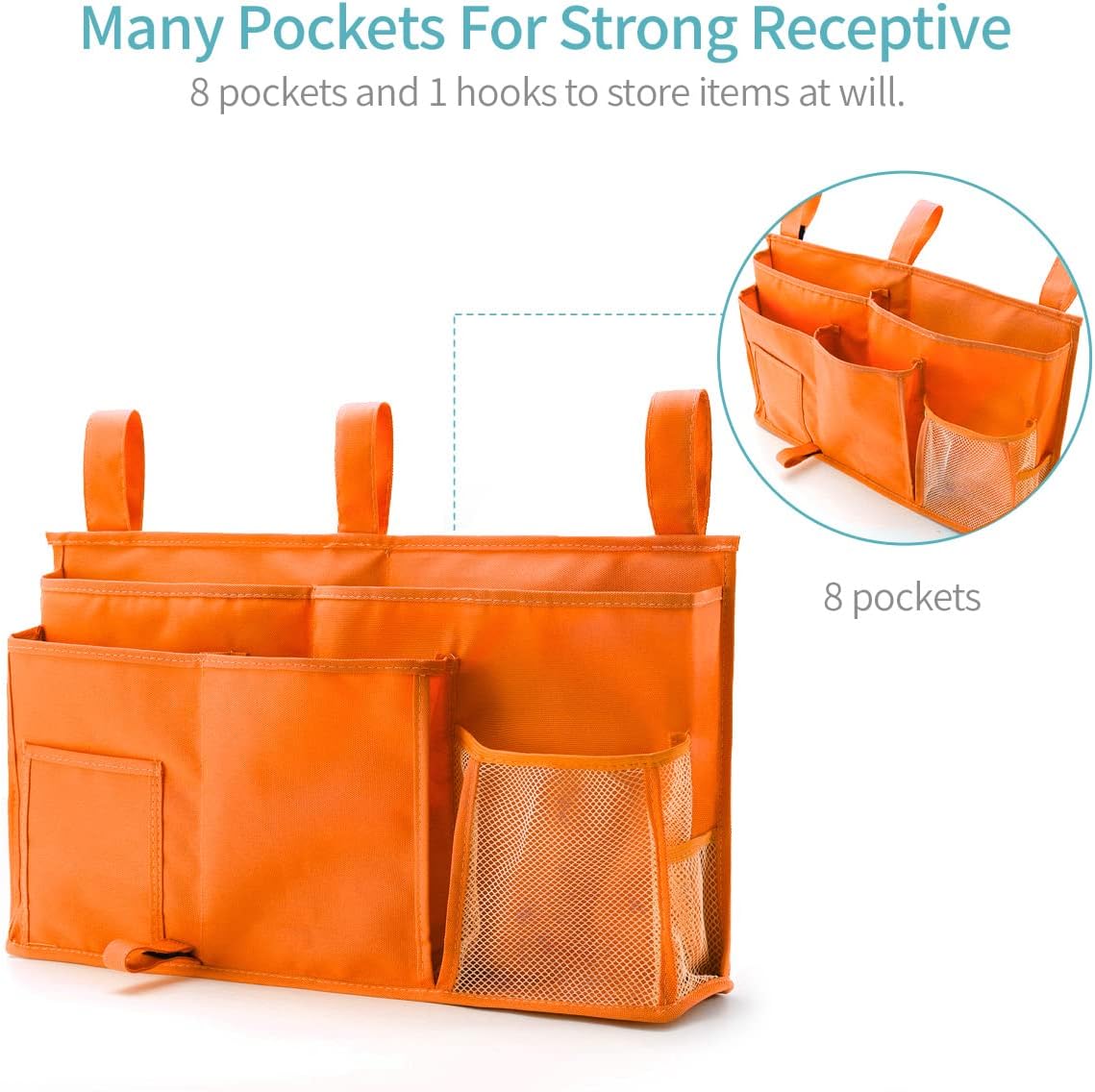 Bseash Bunk Bed Organizer, Bedside Caddy Hanging Bed Organizer Storage Bag 8 Pockets, for College Dorm Rooms Bed, Hospital Bed, Baby Bed Rails, 600D Oxford Cloth (Orange)