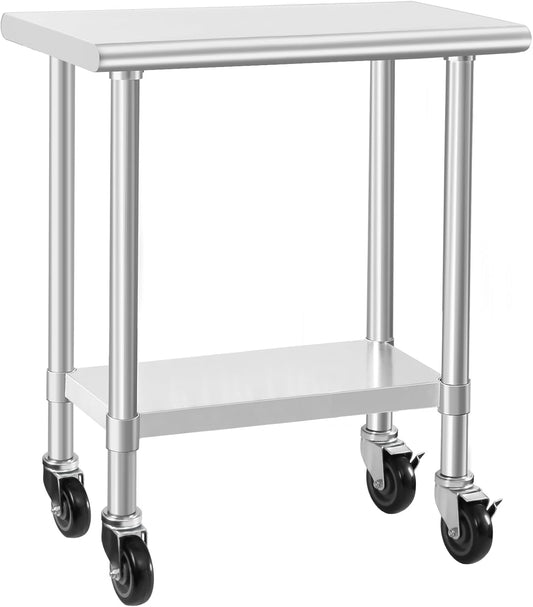 HARDURA Stainless Steel Commercial Table Prep & Work Table with Casters Heavy Duty Metal Table with Wheels NSF 430 18×30 Inches