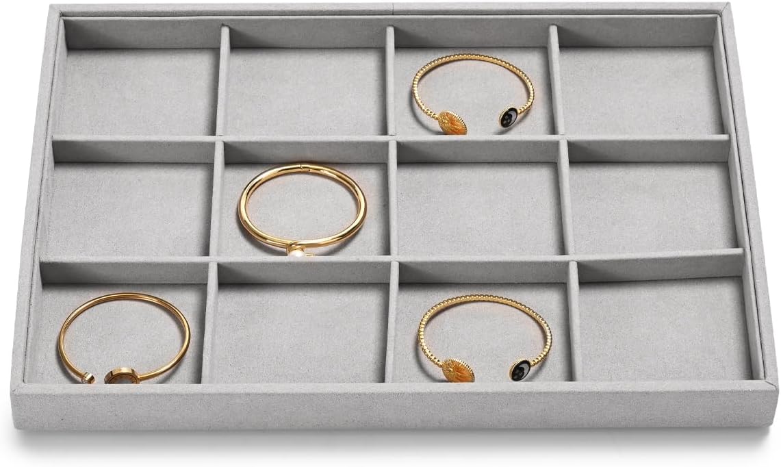 12 Grids Microfiber Jewelry Trays Bracelets Tray Stackable Jewelry Organizer Trays for Drawer Bracelet Holder Earring Tray For Bracelet Bangle Earrings Watches Storage (Grey)