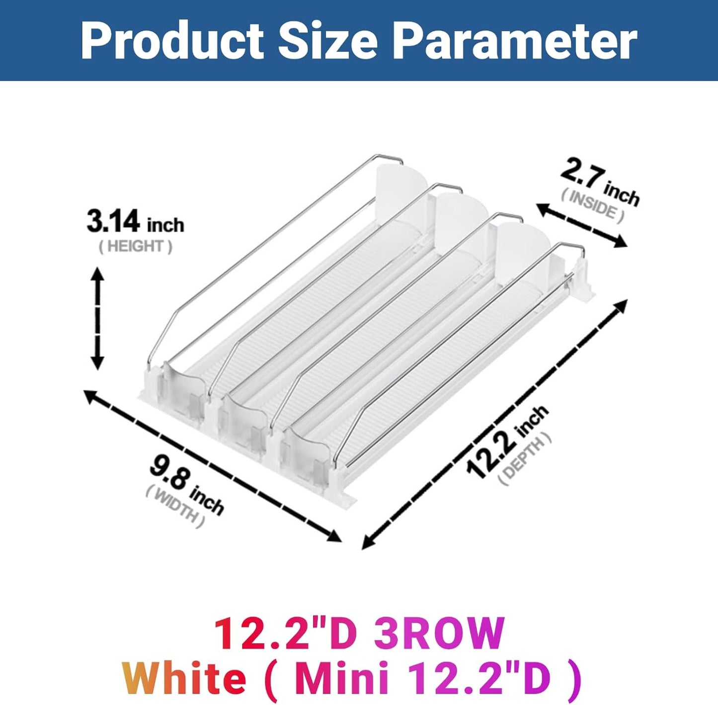 Drink Organizer for Mini Fridge,12oz 16oz 20oz- Soda Can Dispenser for Refrigerator,Width Adjustable,Automatic Pusher Glide (White (Mini 12.2"D), 12.2"D 3ROW, Holds 12 Cans)