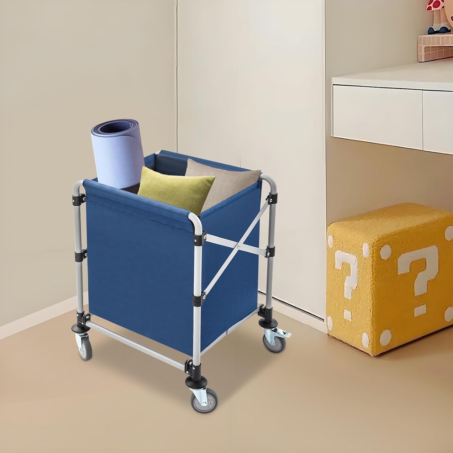 Commercial Laundry Cart with Wheels,Folding Laundry Hamper Cart,Heavy Duty Rolling Laundry Basket with Large Capacity,Laundry Sorter Trolley for Home Hotel Apartment (Blue, 23.62 * 19.69 * 23.62in)