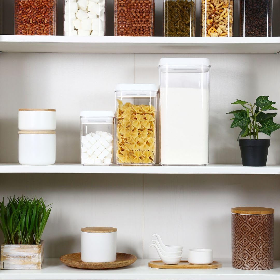 Felli Flip Tite Acrylic Food Storage Container with Lid 6” XL Air Tight Ring Seal Flip Top, Plastic Kitchen Baking Canister for 5 lb Flour Sugar Rice Protein Powder Pantry Organizer (Nest-L, White)