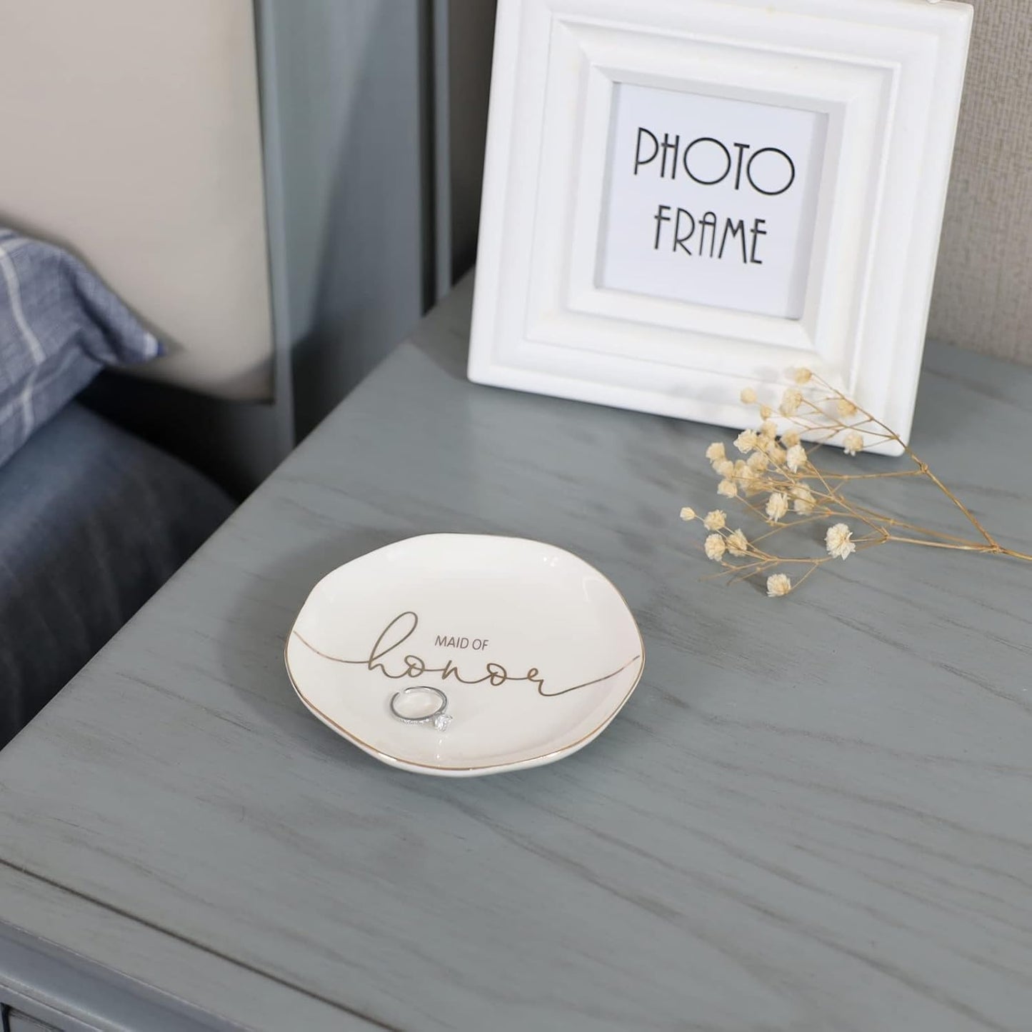 Wedding Ring Dish For Maid of Honor-Jewelry Dish Tray-Gifts for Bridesmaid,Ceramic White